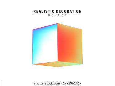 Square and cube. Realistic shape 3d objects with gradient holographic color of hologram. Decorative design elements isolated on white background. vector illustration