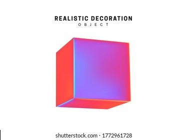 Square and cube. Realistic shape 3d objects with gradient holographic color of hologram. Decorative design elements isolated on white background. vector illustration