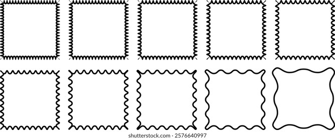 Square curved line shapes. Squiggle frames set. Wave and curvy borders. Wavy scalloped doodle drawn style for decoration. Outline Rectangle frames with wavy edges set. Rectangular curved line shape