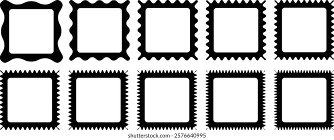 Square curved line shapes. Wave and curvy borders. Wavy scalloped doodle drawn style for decoration. Outline Rectangle frames with wavy edges set. Rectangular curved line shapes. Squiggle frames set