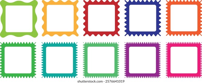 Square curved line shapes. Wave and curvy borders. Wavy scalloped doodle drawn style for decoration. Outline Rectangle frames with wavy edges set. Squiggle frames set. Rectangular curved line shape