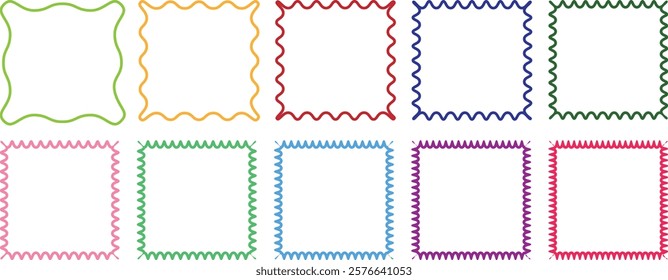 Square curved line shapes. Wave and curvy borders. Wavy scalloped doodle drawn style for decoration. Squiggle frames set. Outline Rectangle frames with wavy edges set. Rectangular curved line shape