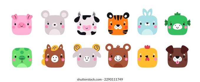 Square cute animals. Farm fauna cartoon characters. Funny muzzles. Chinese horoscope creatures. Mobile applications icons shape. Happy tiger and horse. Garish vector