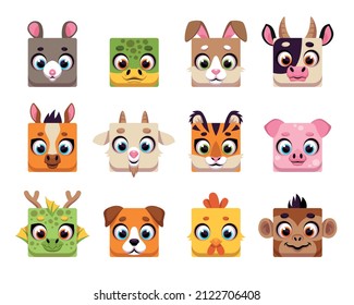 Square cute chinese animals. Cute horoscope muzzles, cartoon UI icons, wildlife and domestic characters avatars, app signs, funny fauna faces, Kawaii rat, turtle and hare vector set