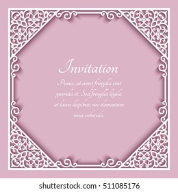 Square cutout paper frame with lace border, greeting card or wedding invitation template, eps10 vector illustration