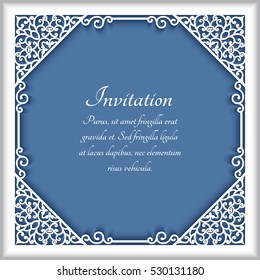 Square cutout paper frame with lace corner ornament, greeting card or wedding invitation template, eps10 vector illustration