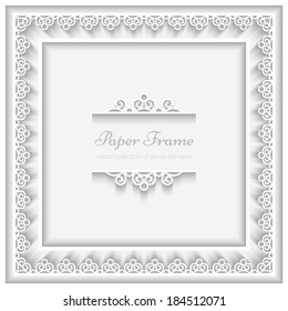 Square cutout paper lace frame on white background, vector eps10