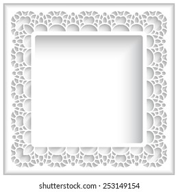 Square cutout paper lace frame on white background, vector illustration, eps10