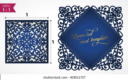 Square cutout wedding invitation template. Lasercutting, die cutting. Lazercut wedding invitation card. Lazer cut vector lace folds. Wedding invitation mockup. Die cut card wedding invitation template