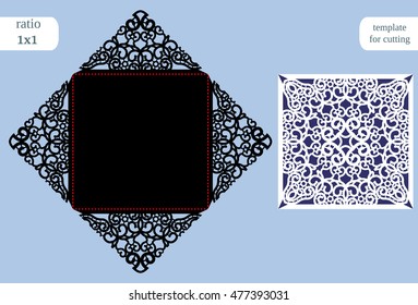 Square cutout wedding invitation template. Lasercutting, die cutting. Lazercut wedding invitation card. Lazer cut vector lace folds. Wedding invitation mockup. Die cut card wedding invitation template
