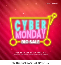 Square Cyber Monday Sale banner with neon-style text with a dark red background