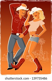 Square dancing. Young man and woman in western style clothes, boots and cowboy's hats dancing with a ranch on the background, vector illustration, no transparencies