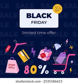 Square dark banner for Black Friday with colorful cartoon clipart. Discount in 50 percent with shopping cart, sale tag, package, gift. Sale concept for poster, background template, social media.