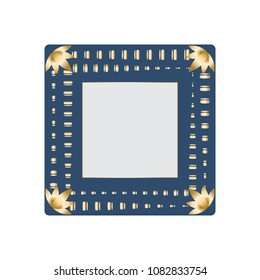 Square dark blue frame with golden pattern and lotus flowers in the corners vector illustration.