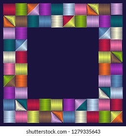 Square dark embroidered multi-colored frame. Imitation cloth and hand-made
