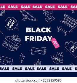 Square dark pink banner for Black Friday Sale with hand drawn shopping doodle. Discount in 50 percent for poster, background template, social media, website with line scribble clipart.