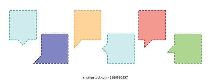 Square dashed line chat box, chanting box, message box cartoon vector illustration. Empty speak bubble doodle style of thinking sign symbol. Multi-color minimal collection.