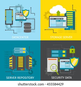 Conjunto de iconos de centro de datos cuadrado con descripciones del repositorio del servidor de almacenamiento de datos y la ilustración del vector de datos de seguridad