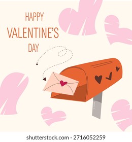 Square Valentine’s Day greeting card featuring a mailbox with a love letter and hearts. Romantic design for holiday greetings, invitations, posters, and seasonal promotions.