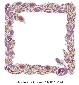 Square decor element in a shape of a frame in vector graphic with feathers in tribal ornamental style in purple and brown pastel colors