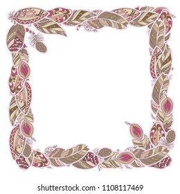 Square decor element in a shape of a frame in vector graphic with feathers in tribal ornamental style in pink and brown pastel colors