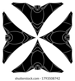 Square decor with four stylized bats. Black and white silhouette.