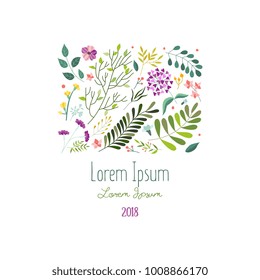 Square decoration element with flowers, leaves and herbs, greeting card, banner template, vector illustration isolated in white background. Doodle flowers, leaves and herbs, square decoration element