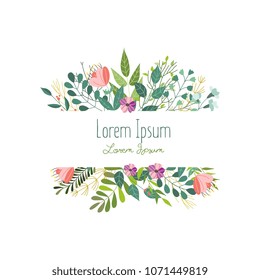 Square decoration element with flowers, leaves and herbs, greeting card, banner template, vector illustration isolated in white background. Doodle flowers, leaves and herbs, square decoration element