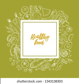 Square decorative banner template with frame consisted of healthy nutrition, fresh organic dietary products hand drawn with contour lines and place for text. Vector illustration in realistic style