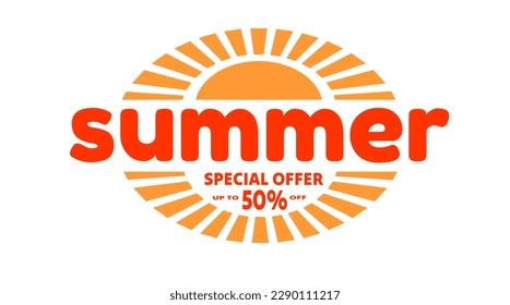 composición decorativa cuadrada con la inscripción "OFERTA ESPECIAL de verano , hasta un 50% de descuento" sobre un fondo blanco contra una imagen de fondo estilizada del sol