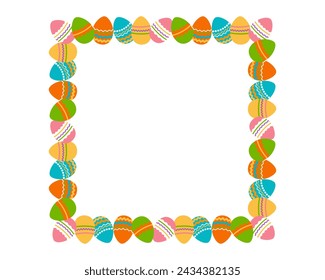 Square decorative Easter frame. Border made of Easter painted eggs. Perfect for festive holiday decoration and spring greeting cards. Vector illustration.