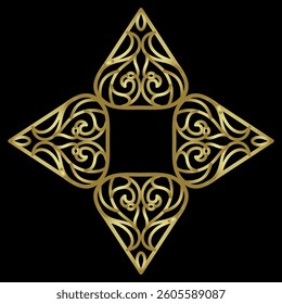 Square decorative element or cross shape frame. Ethnic ancient Chinese design. Golden glossy silhouette on black background.