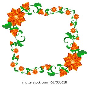 Square decorative frame with abstract red flowers. Vector clip art.