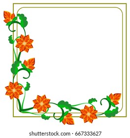 Square decorative frame with abstract red flowers. Vector clip art.