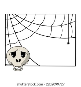 Square decorative frame with cobwebs, sad skull, offended, copy space, vector illustration in cartoon style