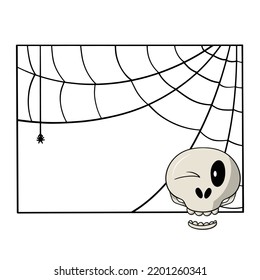 Square decorative frame with cobwebs, skull smiles and winks, copy space, vector illustration in cartoon style