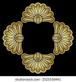 Square decorative frame with four palmette motifs. Stylized flower or seashell. Vintage style. Golden glossy silhouette on black background.