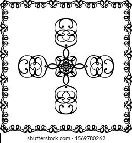Square decorative frame made of monograms. In retro style. Black and white vector illustration.

