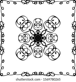 Square decorative frame made of monograms. In retro style. Black and white vector illustration.


