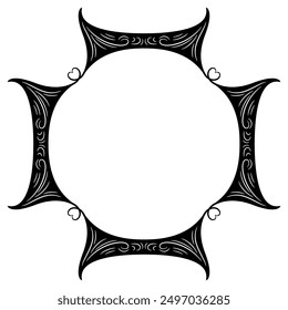 Square decorative frame in medieval style. Rounded vintage background with heart symbols. Black and white silhouette.