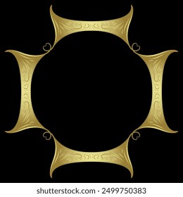 Square decorative frame in medieval style. Rounded vintage background with heart symbols. Golden glossy silhouette on black background.