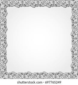 Square decorative frame with oak leaves and acorns. Contour vector illustration. Black and white.