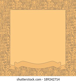 Square decorative frame with a picture of the city with streets and houses with trees and roofs