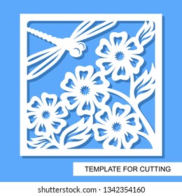 Square decorative panel with flowers and dragonfly. White object on a blue background. Template for laser cutting, wood carving, paper cut or printing. Vector illustration.