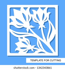 Square decorative panel with flowers and leaves. White object on a blue background. Template for laser cutting, wood carving, paper cut or printing. Vector illustration.