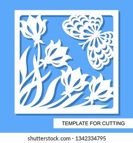 Square decorative panel with flowers tulips and butterfly. White object on a blue background. Template for laser cutting, wood carving, paper cut or printing. Vector illustration.