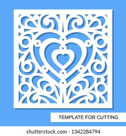 Square decorative panel with heart. White objects on a blue background. Template for laser cutting, wood carving, paper cut or printing. Vector illustration.