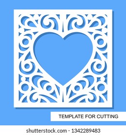 Square decorative panel with heart. White objects on a blue background. Template for laser cutting, wood carving, paper cut or printing. Vector illustration.