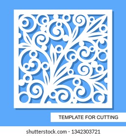 Square decorative panel with lace ornament. White object on a blue background. Template for laser cutting, wood carving, paper cut or printing. Vector illustration.