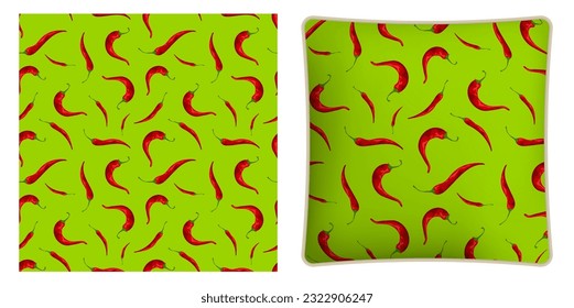 Square decorative pillow, bedroom accessory decorated hot red pepper for mexican dishes. Hot chili pepper pattern. Vector ornament for design of posters and printing on textile
